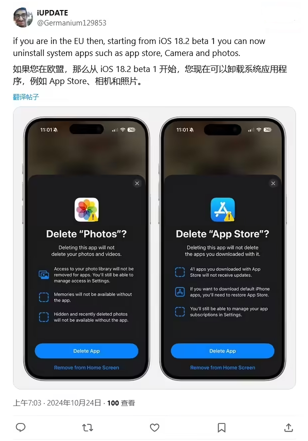 潼南苹果手机维修分享iOS 18.2 支持删除 App Store 应用商店 