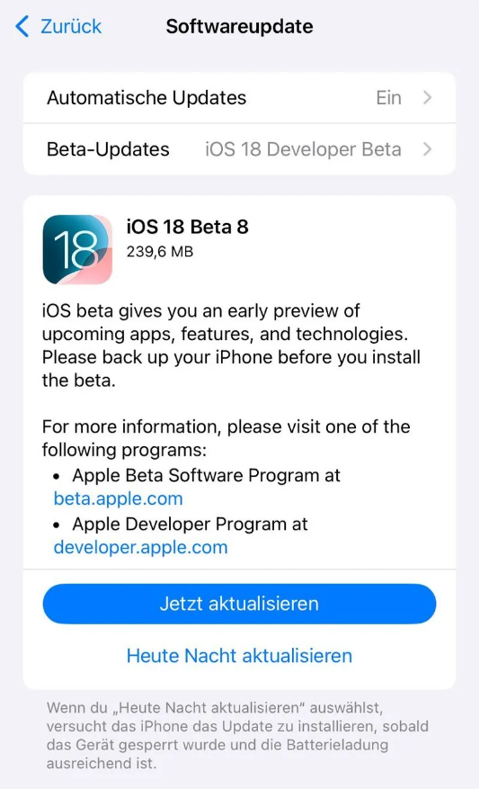 潼南苹果手机维修分享苹果 iOS / iPadOS 18 开发者预览版 Beta 8 发布 